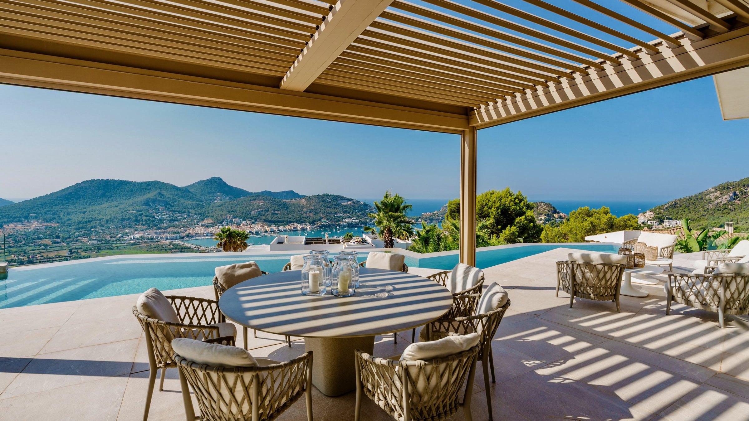 Shaded dining terrace with sea view