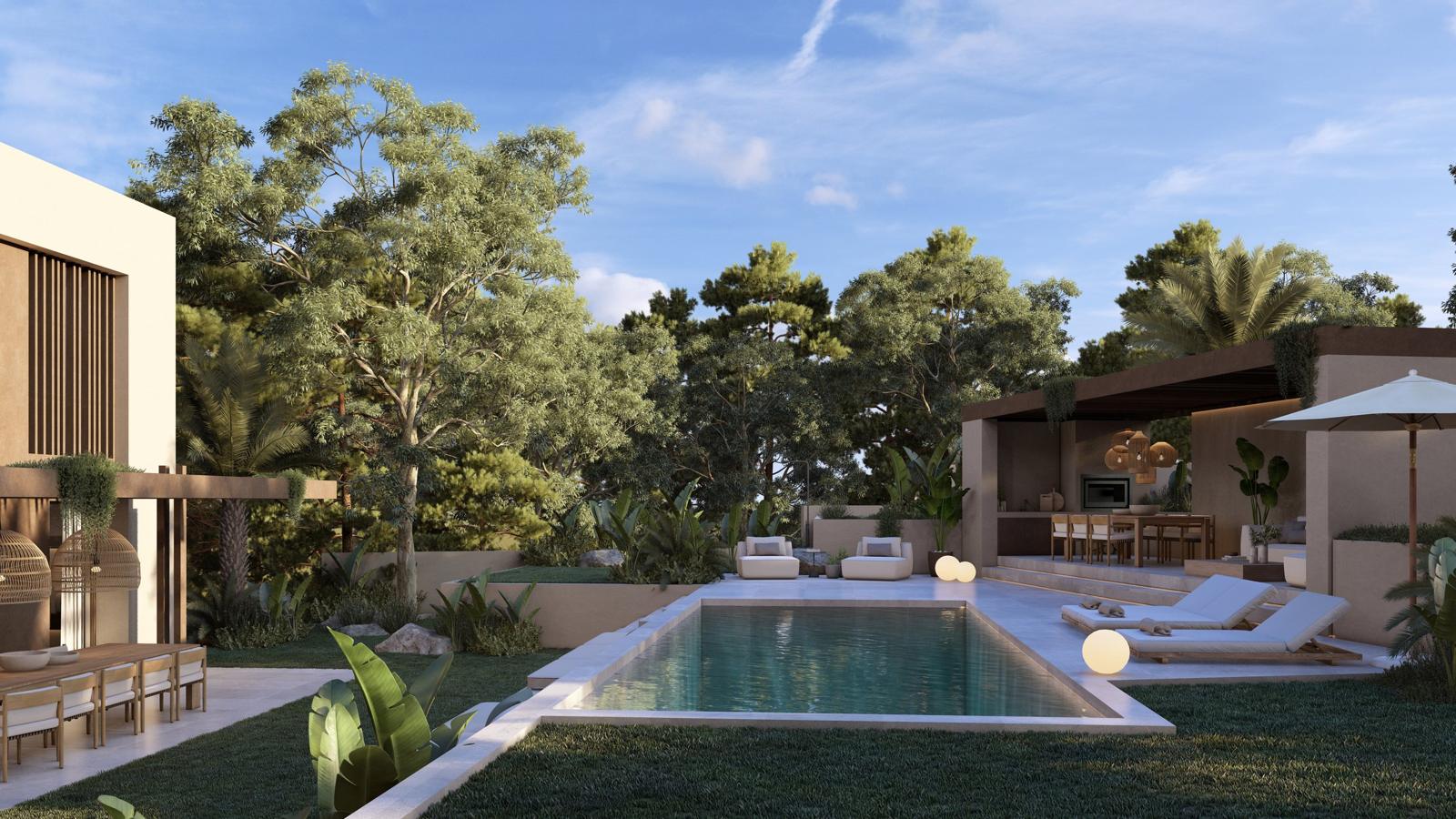 Garden, pool and covered outdoor kitchen