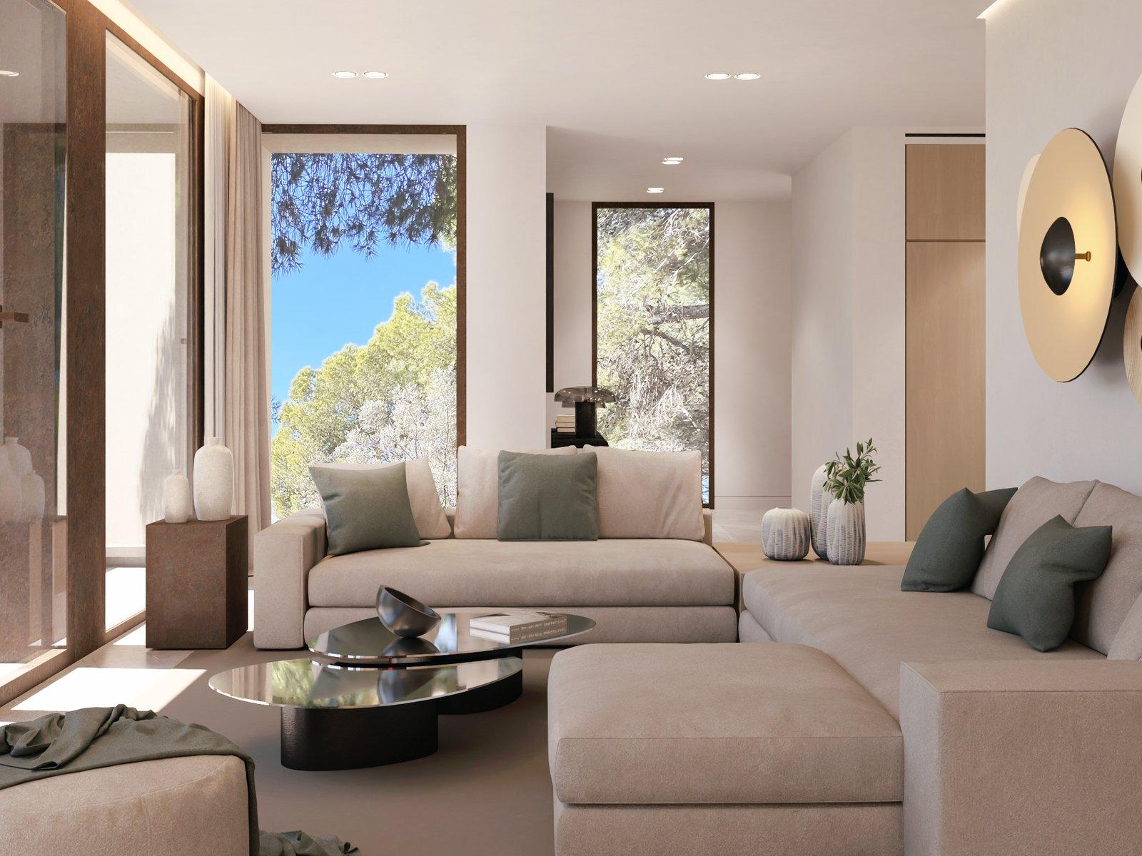 Living room behind floor-to-ceiling glass